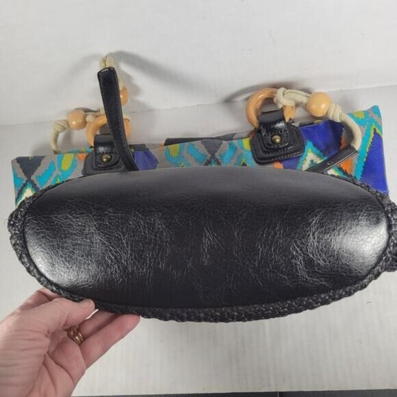 Plum Brand Multicolored Fabric Southwestern Wood Accent Woven Shoulder Handbag - Picture 12 of 12